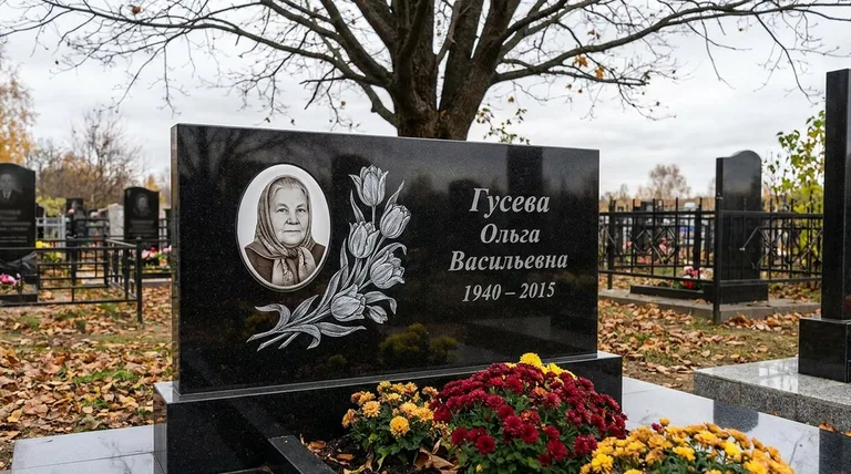 Памятник с гравировкой тюльпанов — выполненная работа «Гусева» в Норильске