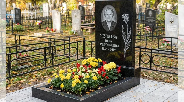Памятник с гравировкой тюльпанов — выполненная работа «Жукова» в Норильске