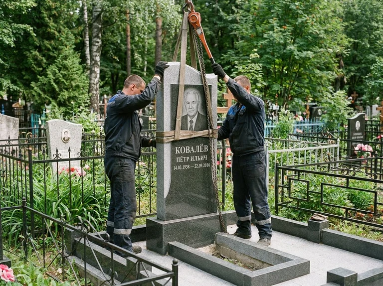 Демонтаж памятника на кладбище в Норильске — бригада аккуратно снимает старый гранитный памятник с могилы