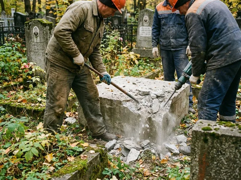 Демонтаж бетонного цоколя и тумбы памятника в Норильске