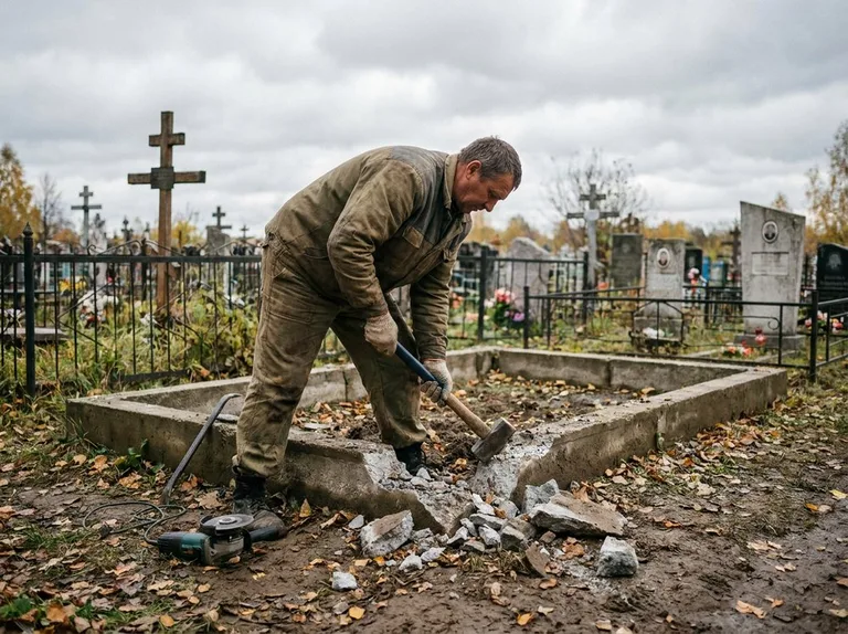 Демонтаж цветника на могиле в Норильске
