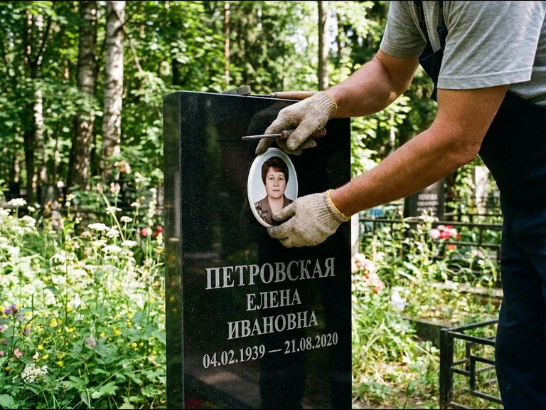 Фото на керамике на памятник в Норильске — мастер устанавливает овальный керамический портрет на гранитный памятник