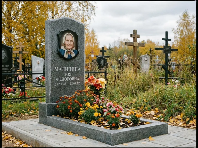 Чёрно-белый керамический портрет на памятнике в Норильске