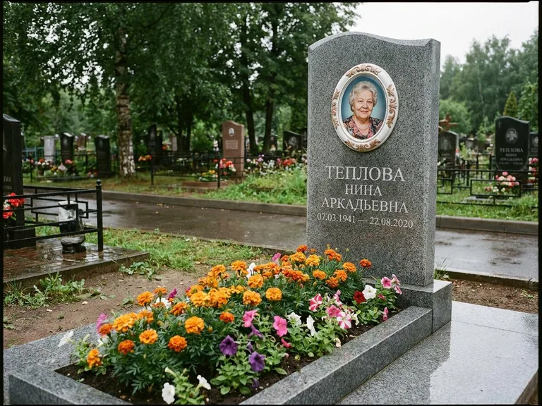 Керамический портрет на памятнике с цветами в Норильске