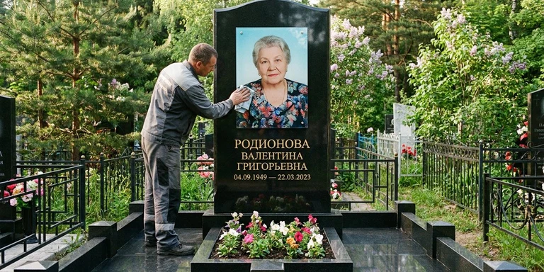 Фотокерамика и печать фото на памятник в Норильске — мастер устанавливает цветной портрет на стекле на гранитный памятник