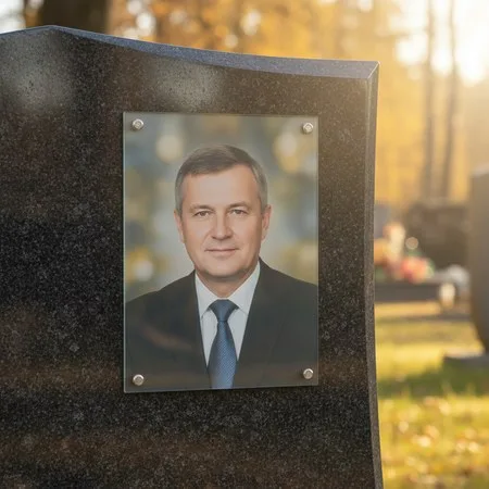 Портрет на стекле на держателях на чёрном граните в Норильске