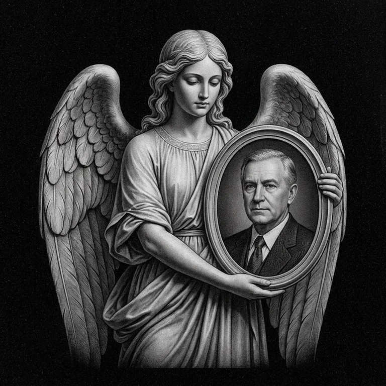 Эскиз гравировки ангела на памятник — объёмный ангел с портретом в Норильске