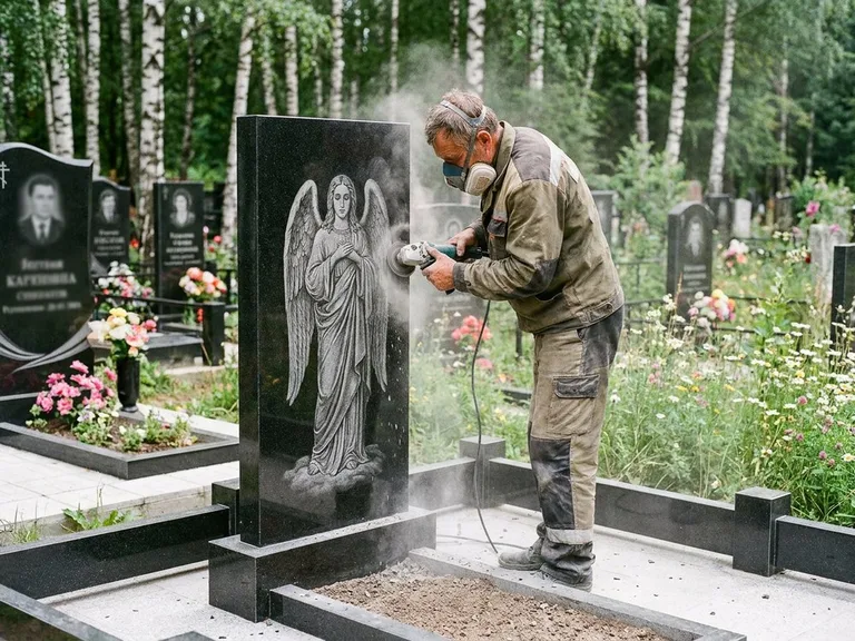 Выезд на кладбище — этап гравировки ангела