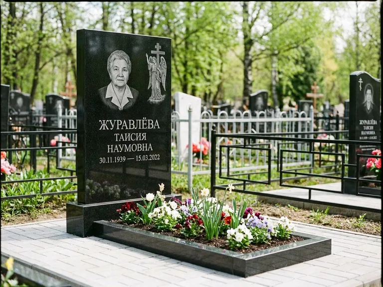 Памятник с гравировкой ангела — гравировка ангела с голубем по диагонали стелы, работа «Журавлёва» в Норильске
