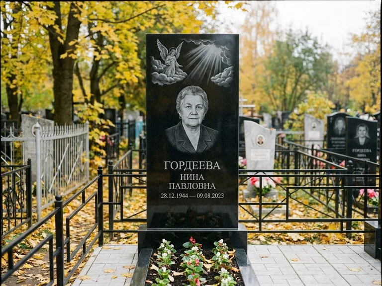 Памятник с гравировкой ангела — гравировка ангела в облаках с лучами над портретом, работа «Гордеева» в Норильске