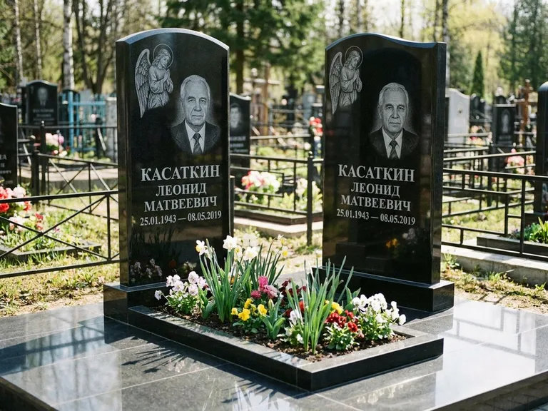 Памятник с гравировкой ангела — гравировка молящегося ангела в верхней части стелы, работа «Касаткин» в Норильске