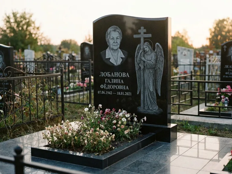 Памятник с гравировкой ангела — гравировка ангела с крестом рядом с эпитафией, работа «Лобанова» в Норильске