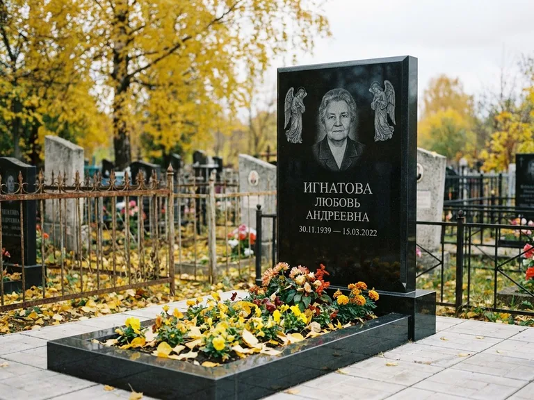 Памятник с гравировкой ангела — гравировка двух ангелов по сторонам портрета, работа «Игнатова» в Норильске