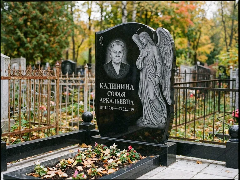 Памятник с гравировкой ангела — гравировка ангела с крестом рядом с эпитафией, работа «Игнатова» в Норильске
