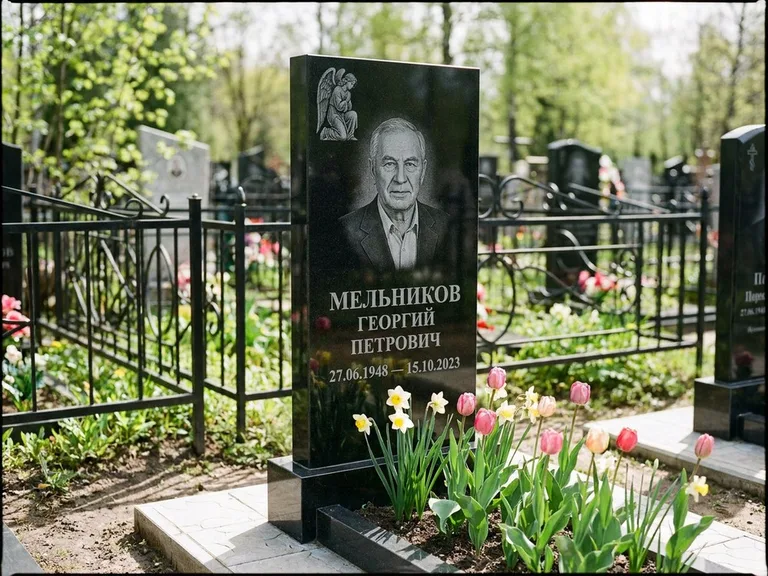 Памятник с гравировкой ангела — гравировка ангела с голубем по диагонали стелы, работа «Доронин» в Норильске