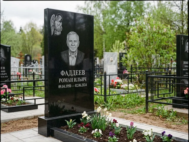Памятник с гравировкой ангела — гравировка молящегося ангела в верхней части стелы, работа «Фаддеев» в Норильске