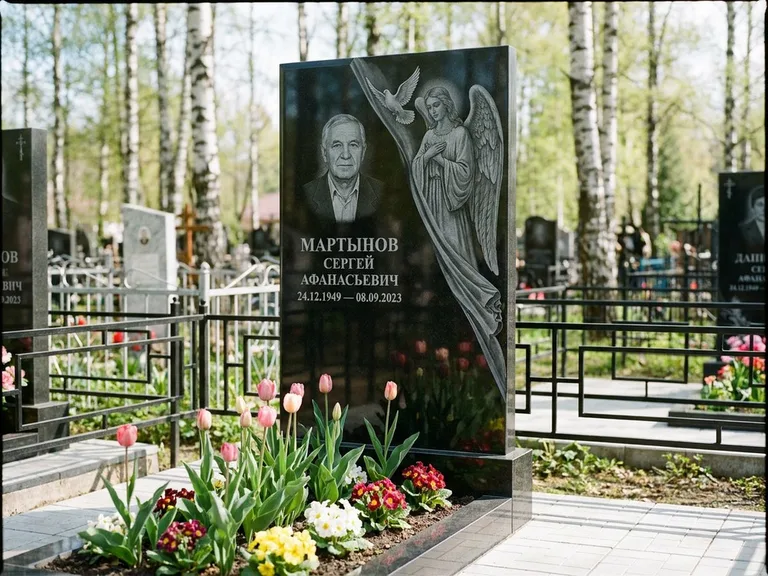 Памятник с гравировкой ангела — гравировка двух ангелов по сторонам портрета, работа «Касаткин» в Норильске