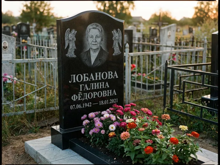 Памятник с гравировкой ангела — гравировка двух ангелов по сторонам портрета, работа «Лобанова» в Норильске