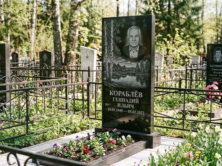 Памятник с гравировкой берёзы — гравировка берёзы у зеркального озера, работа «Кораблёв» в Норильске