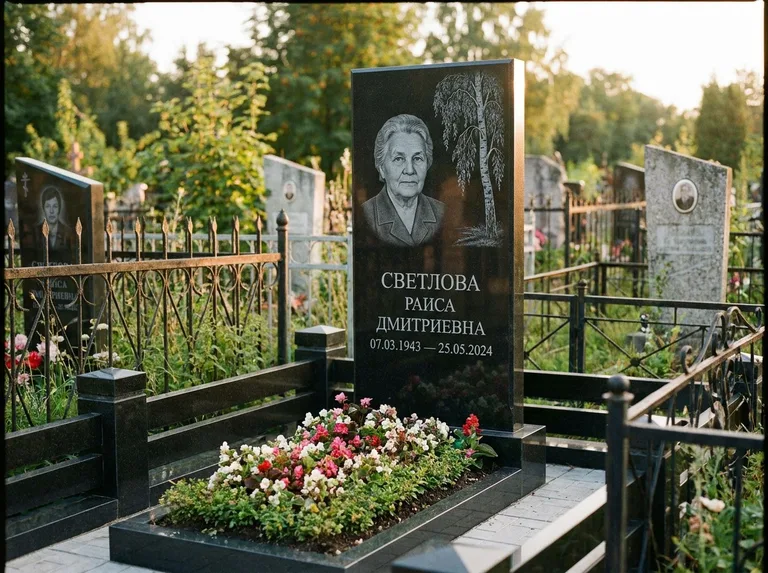 Памятник с гравировкой берёзы — гравировка плакучей берёзы с тонкими ветвями, работа «Светлова» в Норильске