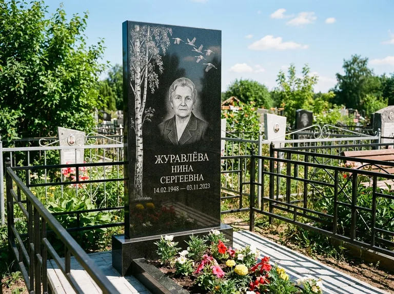 Памятник с гравировкой берёзы — гравировка берёзы с журавлиным клином в небе, работа «Журавлёва» в Норильске