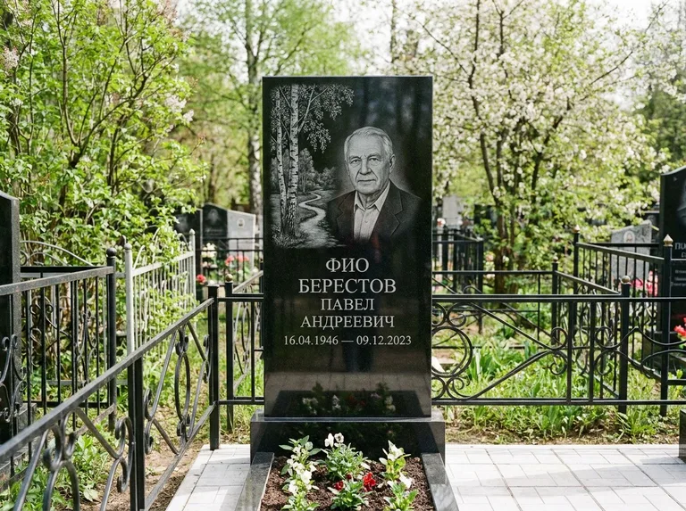 Памятник с гравировкой берёзы — гравировка берёзы у тропинки, уходящей вдаль, работа «Берестов» в Норильске