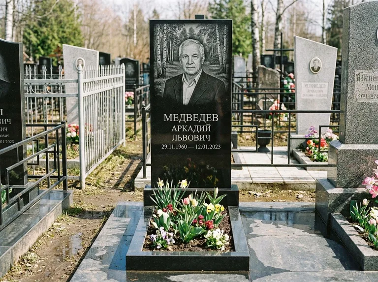 Памятник с гравировкой берёзы — гравировка берёзовой рощи в глубину, работа «Медведев» в Норильске