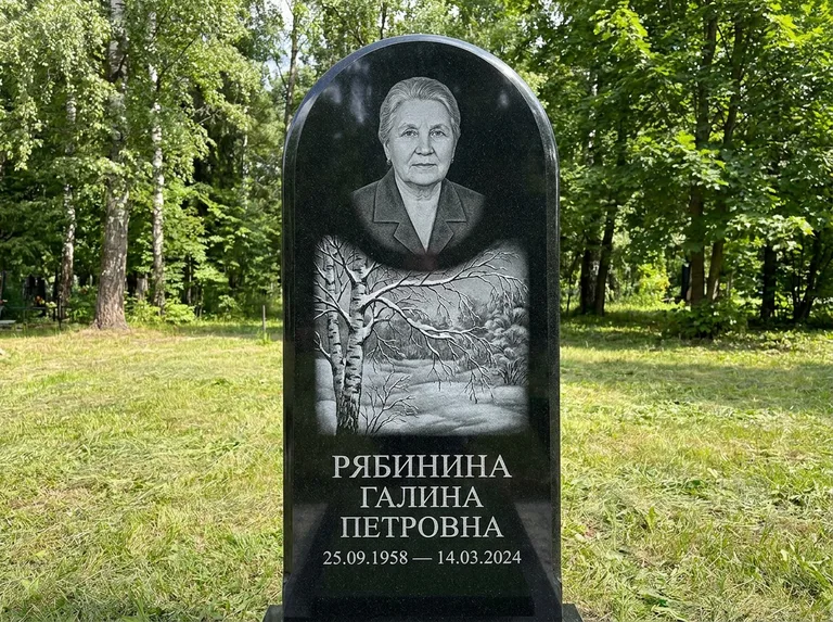 Памятник с гравировкой берёзы: стела с плавным арочным верхом — зимняя берёза, снег на ветвях, газон без ограды, стриженая трава, работа «Рябинина» в Норильске