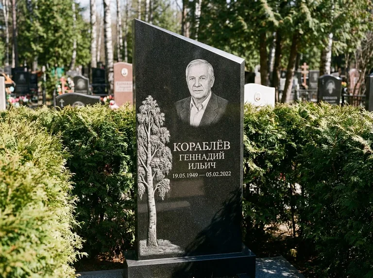 Памятник с гравировкой берёзы: асимметричная скошенная стела — объёмная одинокая берёза с фактурной корой, живая изгородь из туи, работа «Кораблёв» в Норильске