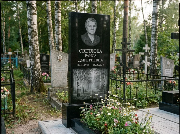 Памятник с гравировкой берёзы: двойная семейная стела — берёзовая роща в лёгкой дымке, цветник с полевыми цветами, работа «Светлова» в Норильске