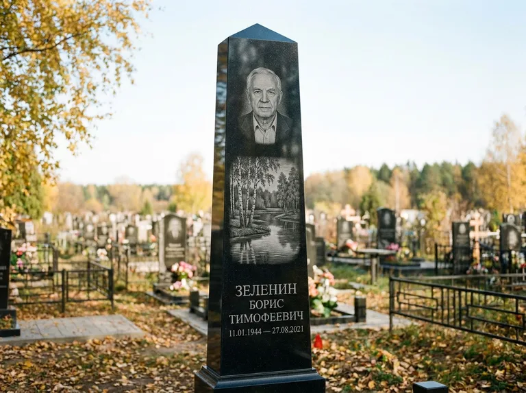 Памятник с гравировкой берёзы: гранёный обелиск-колонна — берёза у воды с отражением, открытый участок, мягкий свет, работа «Зеленин» в Норильске