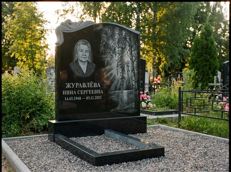 Памятник с гравировкой берёзы: стела с фигурным резным верхом — плакучая берёза в контровом свете, гравийная отсыпка, рассвет, работа «Журавлёва» в Норильске