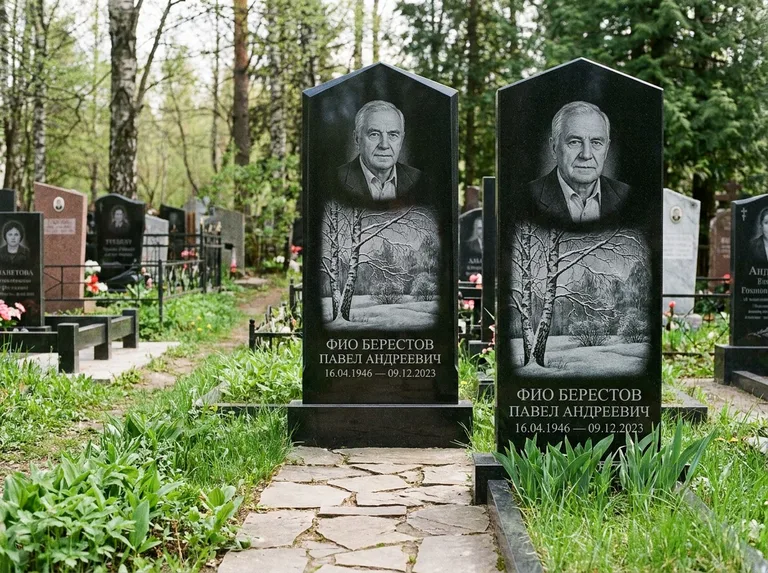 Памятник с гравировкой берёзы: массивная стела с двускатным навершием — зимняя берёза, снег на ветвях, дорожка из природного плитняка, работа «Берестов» в Норильске
