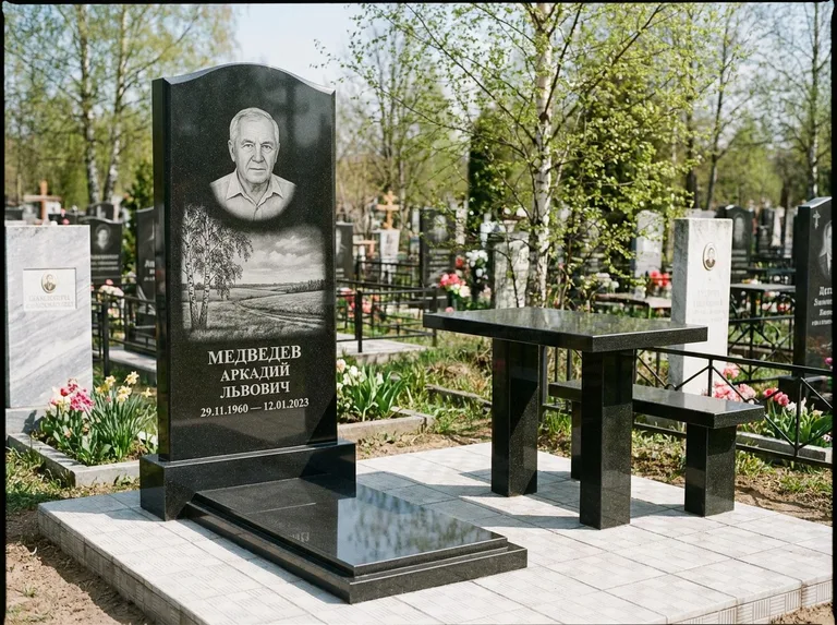 Памятник с гравировкой берёзы: стела с гранитным столиком и скамьёй — берёза у поля, простор до горизонта, семейный участок с плиткой, работа «Медведев» в Норильске