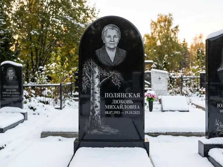 Памятник с гравировкой берёзы: полукруглая стела — объёмная одинокая берёза с фактурной корой, заснеженный зимний участок, работа «Полянская» в Норильске