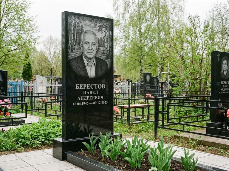 Памятник с гравировкой берёзы — гравировка берёзовой рощи в глубину, работа «Берестов» в Норильске