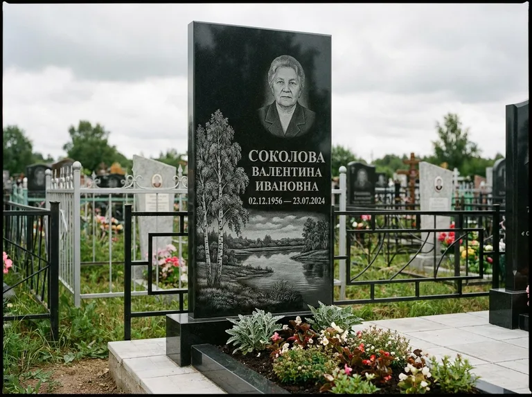 Памятник с гравировкой берёзы — гравировка берёзы у зеркального озера, работа «Соколова» в Норильске