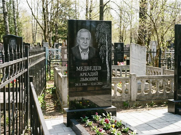 Памятник с гравировкой берёзы — гравировка плакучей берёзы с тонкими ветвями, работа «Медведев» в Норильске