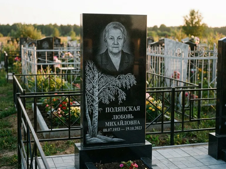 Памятник с гравировкой берёзы — гравировка зимней берёзы в инее, работа «Полянская» в Норильске