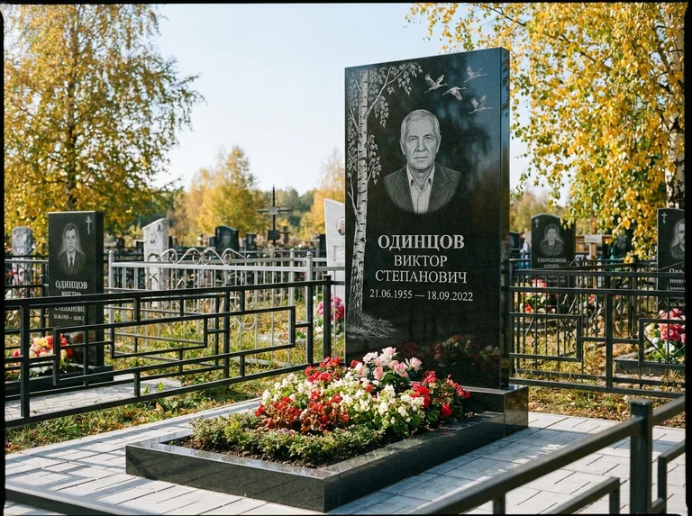 Памятник с гравировкой берёзы — гравировка берёзы с журавлиным клином в небе, работа «Одинцов» в Норильске