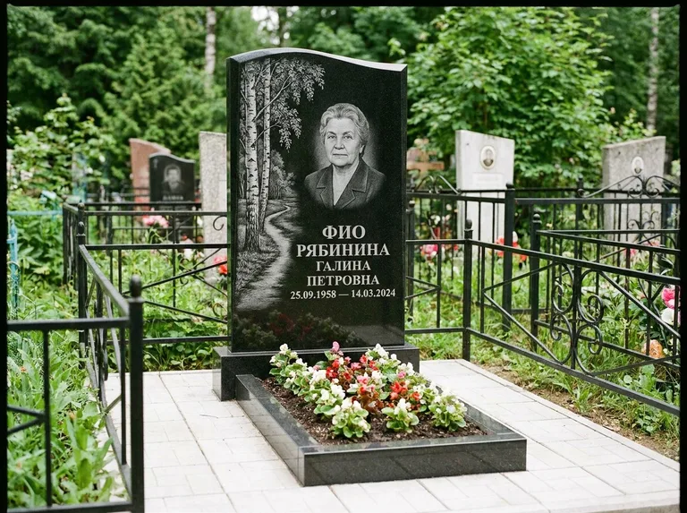 Памятник с гравировкой берёзы — гравировка берёзы у тропинки, уходящей вдаль, работа «Рябинина» в Норильске