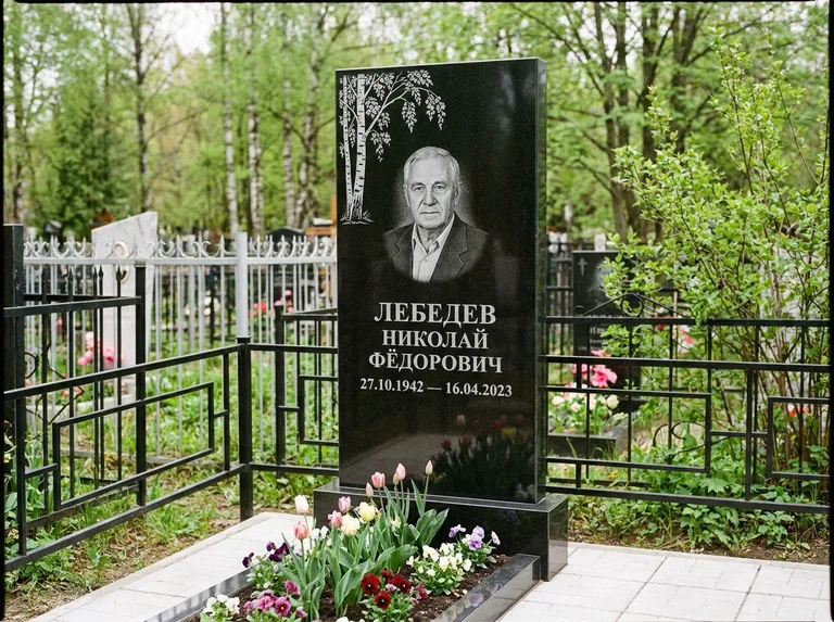 Памятник с гравировкой берёзы — гравировка одинокой берёзы над именем, работа «Лебедев» в Норильске