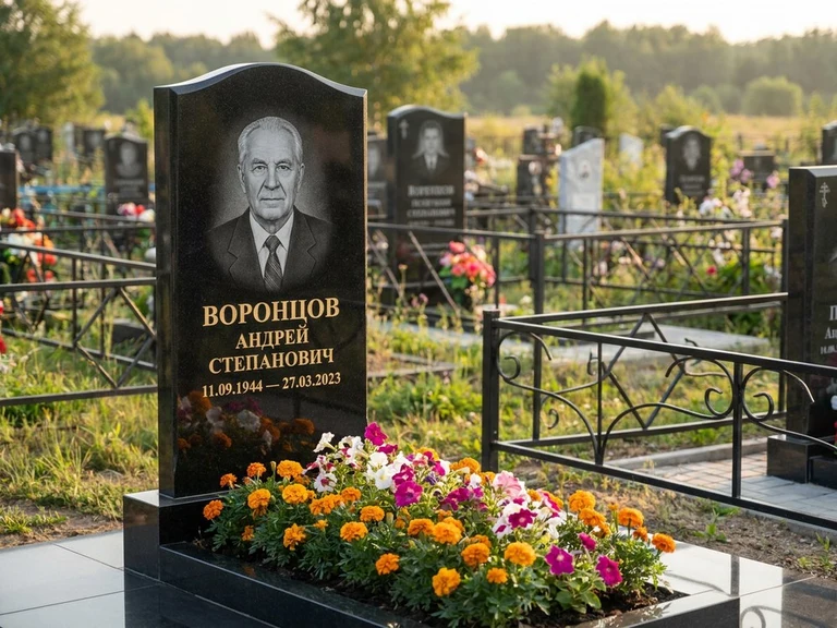 Гравировка фото на памятнике в Норильске — готовый гравированный портрет на чёрном граните
