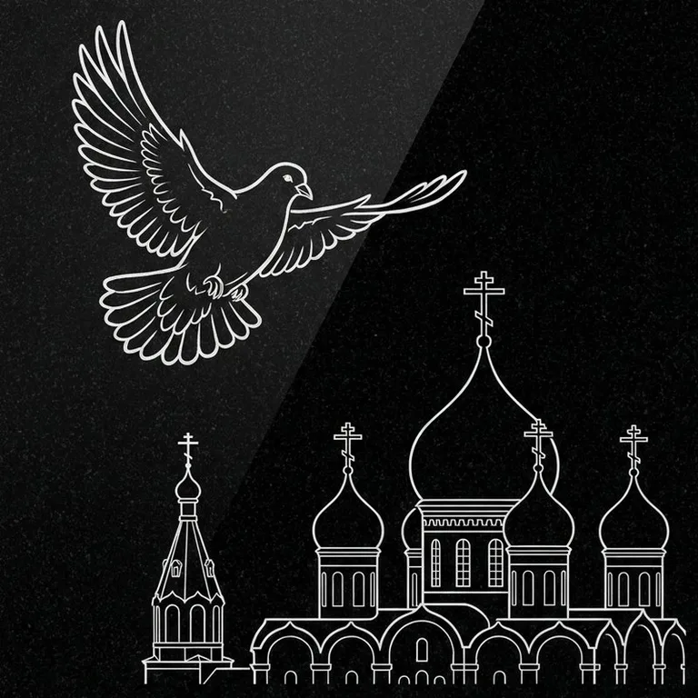 Эскиз гравировки голубей на памятник — голубь в небе над храмом в Норильске