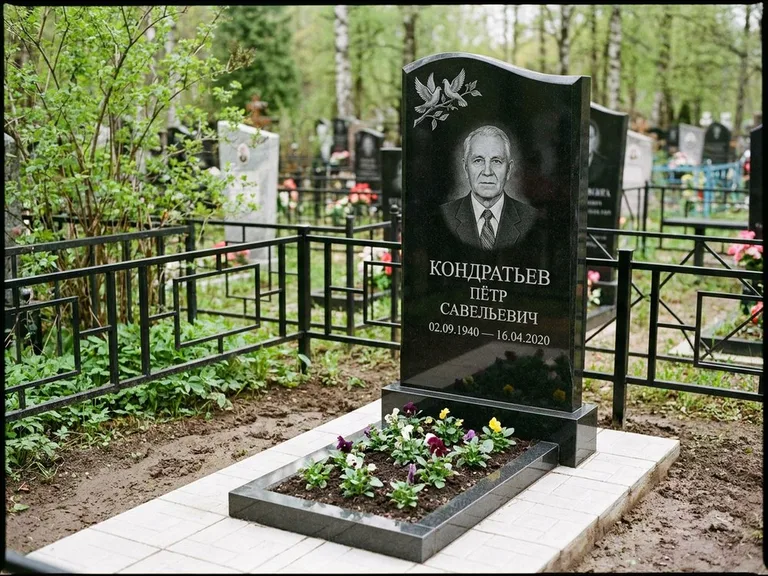Памятник с гравировкой голубей — гравировка пары голубей на ветке в верхнем углу стелы, работа «Кондратьев» в Норильске