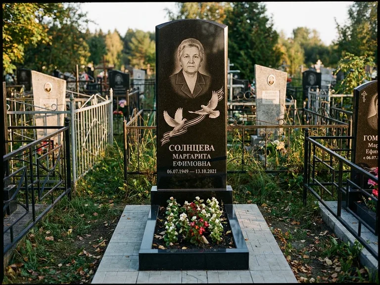 Памятник с гравировкой голубей — гравировка двух летящих голубей с лентой по диагонали стелы, работа «Солнцева» в Норильске