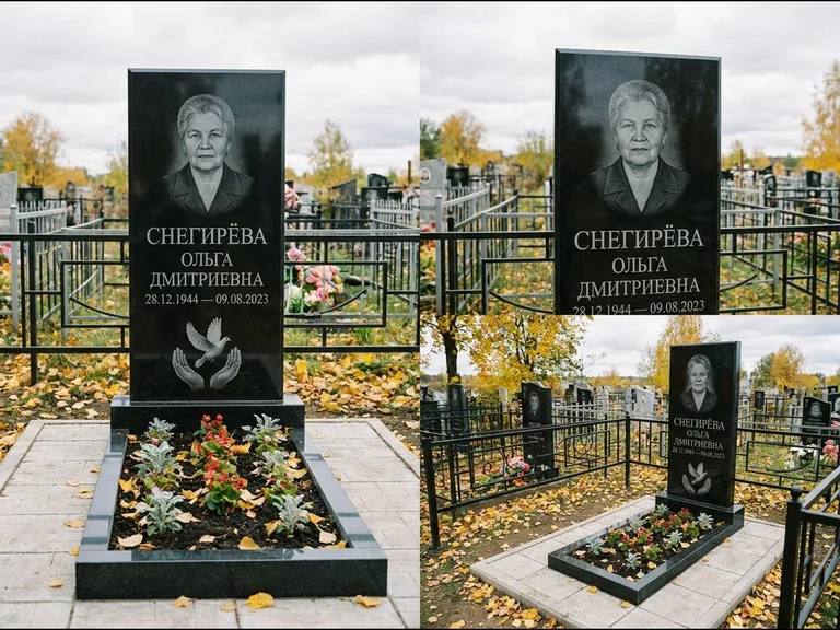Памятник с гравировкой голубей — гравировка голубя над раскрытыми ладонями внизу стелы, работа «Снегирёва» в Норильске