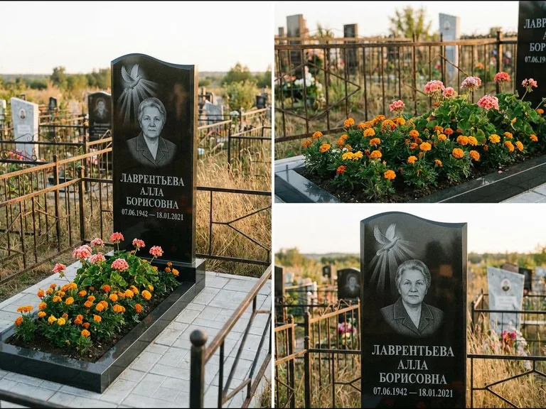 Памятник с гравировкой голубей — гравировка голубя в лучах света над портретом, работа «Лаврентьева» в Норильске