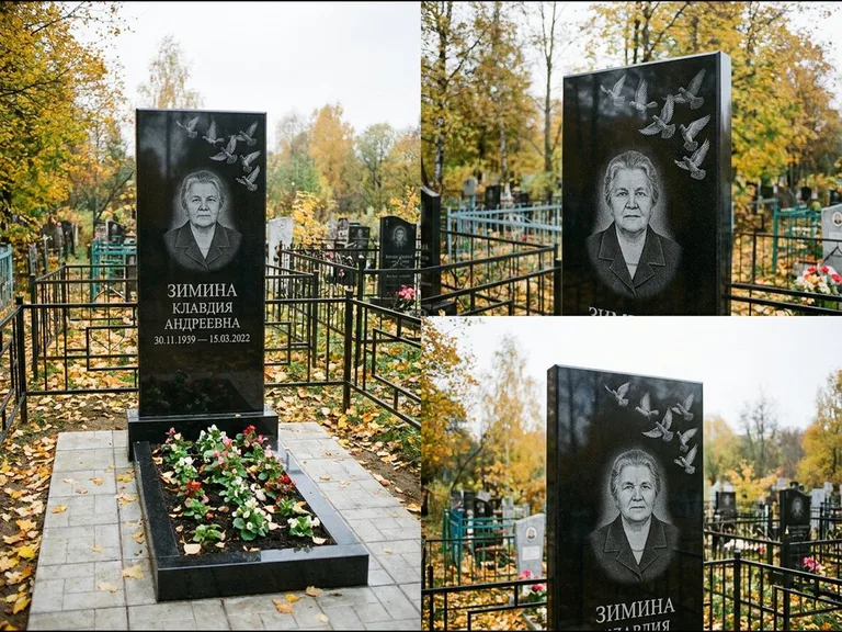 Памятник с гравировкой голубей — гравировка стаи голубей, взлетающей от угла стелы, работа «Зимина» в Норильске