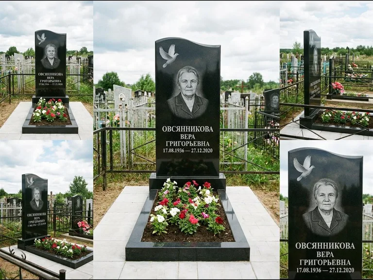 Памятник с гравировкой голубей — белая гравировка взлетающего голубя над портретом, работа «Овсянникова» в Норильске